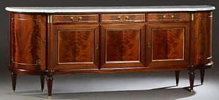 French Louis XVI Style Ormolu Mounted Carved Mahogany Marble Top Sideboard, 20th c., the figured white ogee edge marble over three frieze drawers abov