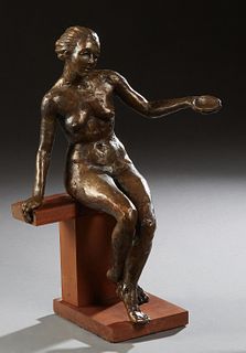 Thomas Bruno (1960-, New Orleans), "Seated Female Nude," 2002, patinated bronze, signed and dated on the side of the subject's right leg, on a mahogan
