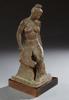 In the Manner of Enrique Alferez, "Seated Female Nude," 20th c., patinated plaster sculpture, mounted on a triangular wooden plinth, H.- 16 1/2 in., W