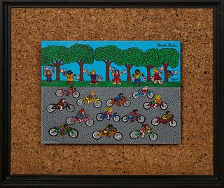 Bruce Brice (1942-2014, New Orleans), "The Bicycle Race," 1973, oil on panel, signed upper right, dated right center, presented in an ebonized shadowb