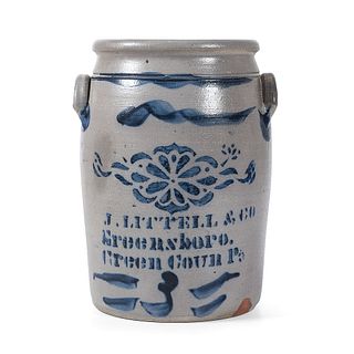 A Pennsylvania Three Gallon Stoneware Jar with Freehand and Stenciled Cobalt Decoration