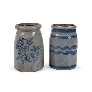 Two Diminutive Pennsylvania Cobalt-Decorated Stoneware Canning Jars
