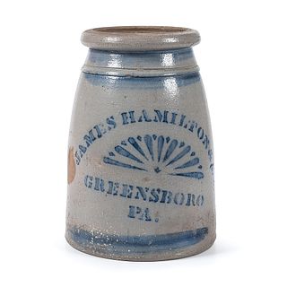 A Pennsylvania Two Quart Stoneware Canning Jar with Stenciled Cobalt Fan