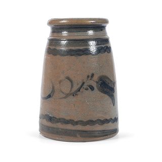 A Two Quart Pennsylvania Stoneware Canning Jar With Cobalt Tulip