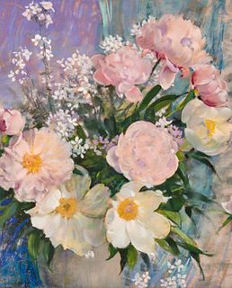 LAURA COOMBS HILLS, (American, 1859-1952), Still Life with Peonies and Forget Me Nots