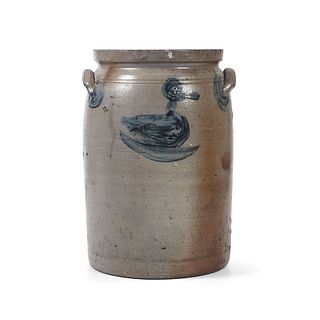 A Rare Three Gallon Stoneware Crock with Two Cobalt Ducks