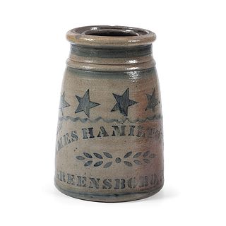 A Pennsylvania Stoneware Canning Jar With Cobalt Stenciled Stars