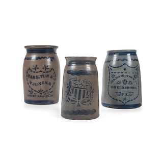 Three Stoneware Canning Jars with Cobalt Stenciled Patriotic Shields 