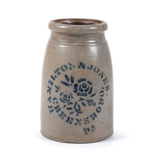 A Two Quart Stoneware Canning Jar with Stenciled Cobalt Roses