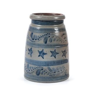An Exceptional Pennsylvania Stoneware Canning Jar with Cobalt Stars and Floral Decoration