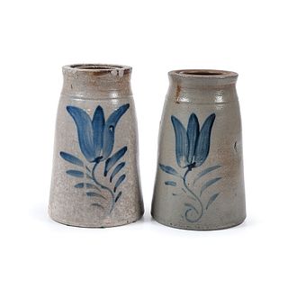 Two Stoneware Canning Jars With Cobalt Tulips 