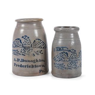 Two Stoneware Canning Jars With Cobalt-Stenciled Eagles
