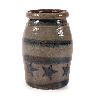 A Diminutive One Quart Pennsylvania Stoneware Canning Jar with Cobalt Stars