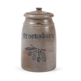 A Scarce Two Quart Stoneware Canning Jar with Cobalt Cherries