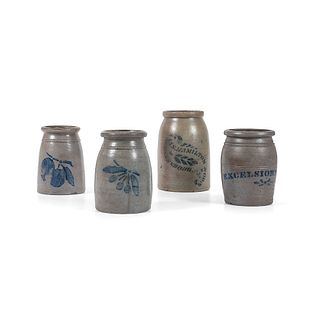 Four Quart Size Stoneware Canning Jars with Cobalt Fruit Stencils and Other Decoration