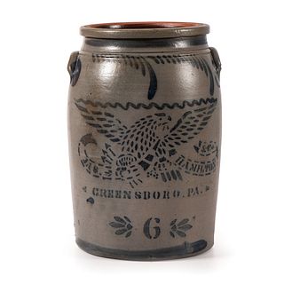 A Six Gallon Stoneware Crock with Stenciled Cobalt Eagle