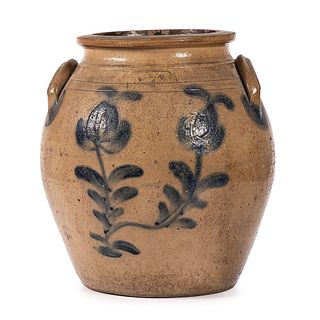 A Four Gallon Stoneware Jar with Cobalt Flowers