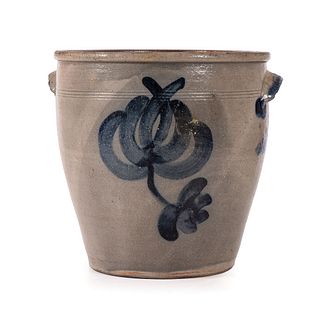 A Four Gallon Open Stoneware Jar with Cobalt Flower