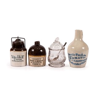 A Group of Stoneware and Pressed Glass Advertising Pieces
