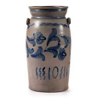 A Spectacular Pennsylvania Ten Gallon Stoneware Jar with Cobalt Floral Decoration