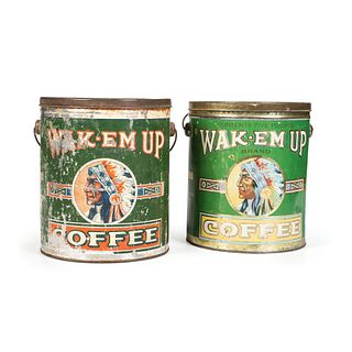 Two Wak-Em Up Brand Coffee Tins