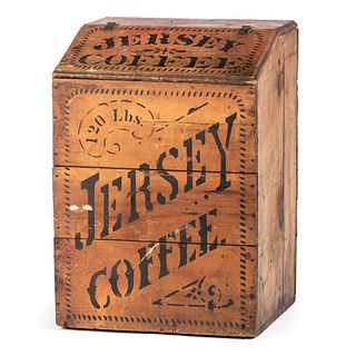 A Jersey Coffee 120lbs. Stenciled Display Bin