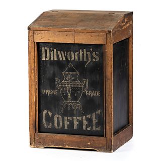 A Dilworth's Coffee Stenciled Metal and Wood Display Bin