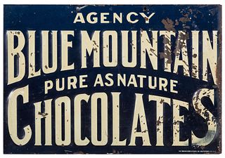 A Lowney's Cocoa Metal String Holder and Blue Mountain Chocolates Metal Advertising Sign