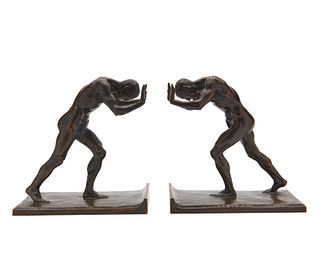 ISIDORE KONTI, (Austrian/American, 1862-1938), Pushing Men: A Pair of Bookends