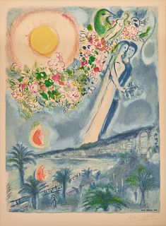 After MARC CHAGALL (French, 1887-1985), by CHARLES SORLIER (French, 1921-1990) Fiances dans le ciel de Nice, from Nice et la Cote d'Azur