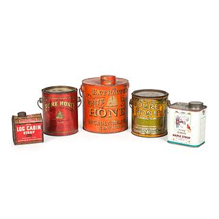 Three Honey Tins and Two Maple Syrup Tins