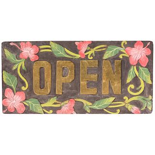 A Carved and Painted Wooden "Open" Sign