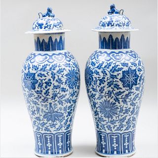 Pair of Chinese Export Blue and White Porcelain Vases and Covers