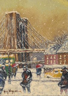 GUY CARLETON WIGGINS, (American, 1883-1962), Snow on Brooklyn Bridge