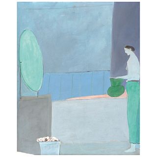 JOY LAVILLE, Untitled, series Mujer arreglando flores, Signed on front, Dated 1997 on back, Oil on canvas, 59 x 47.2" (150.5 x 120 cm)