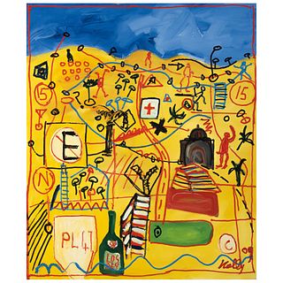 PHIL KELLY, Ciudad guía Roji, Signed and dated 09 on front, Signed and dated Mex D.F 09 on back, Oil on canvas, 47.2 x 39.3" (120 x 100 cm)