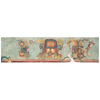 RINA LAZO, Calcas, murales de Bonampak, Unsigned, Oil and sand on canvas on wood, 35.2 x 135.6" (89.5 x 344.5 cm)