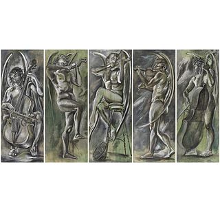 FEDERICO CANTÚ, Quinteto ángeles músicos, Unsigned, Tempera on wood, polyptych, 72 x 27.5" (183 x 70 cm) each, Pieces: 5