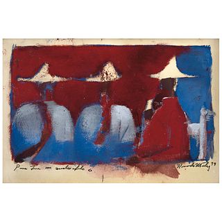 RICARDO MARTÍNEZ, Tres hombres comiendo helado, Sketch, Signed, Oil on paper, 3.9 x 5.9" (10 x 15 cm)