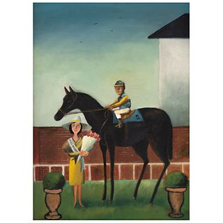 ABEL QUEZADA, Miss México y un jockey, Signed A. on front, Signed on frame on back, Oil on linen, 22 x 15.9" (56 x 40.5 cm), Certificate