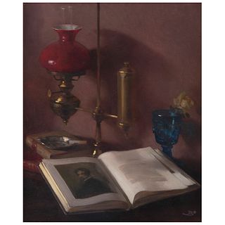 JOSÉ BARDASANO, Holandés (Bodegón del libro), Signed, Oil on masonite, 24 x 19.2" (61 x 49 cm)