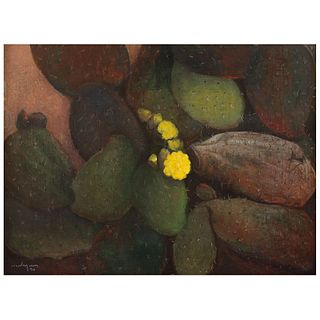 LUIS NISHIZAWA,Nopal, Signed and dated 90 on front, Signed and dated 1990 on back, Mixed technique on wood, 24 x 31.8" (61 x 81 cm), Certificate