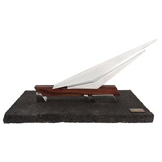 JORGE GONZÁLEZ-CAMARENA GONCAM, Stephanie, Signed on plate, Steel and wooden sculpture on stone base, 12.9 x 26.7 x 11.8" (33 x 68 x 30 cm), Certifica