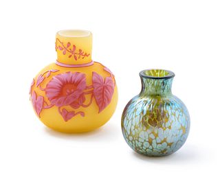 Thomas Webb & Sons, Attribution
England, Early 20th Century
Cameo Glass Cabinet Vase,together with a Loetz-Style oil spot cabinet vase