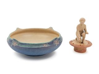 Sadie Irvine for Newcomb College Pottery
(American, 1887-1970)
Low Bowl, c. 1922together with an American art pottery figural flower frog