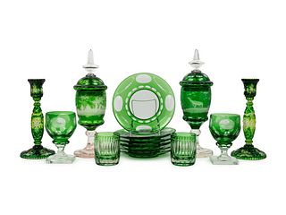 A Group of Bohemian Green Cut-to-Clear Glass Table Articles