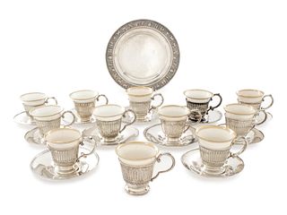 An American Silver and Porcelain-Inset Demitasse Service