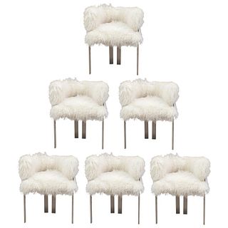 Set of Six Polished Nickel & Mongolian Fur Dining Chairs