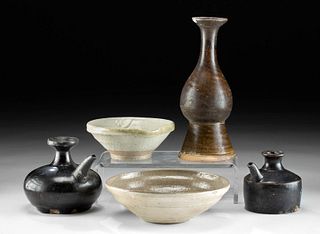 5 Korean Koryo & Joseon Dynasty Glazed Pottery Vessels