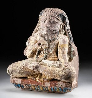 5th C. Indian Polychrome Sandstone Meditating Deity